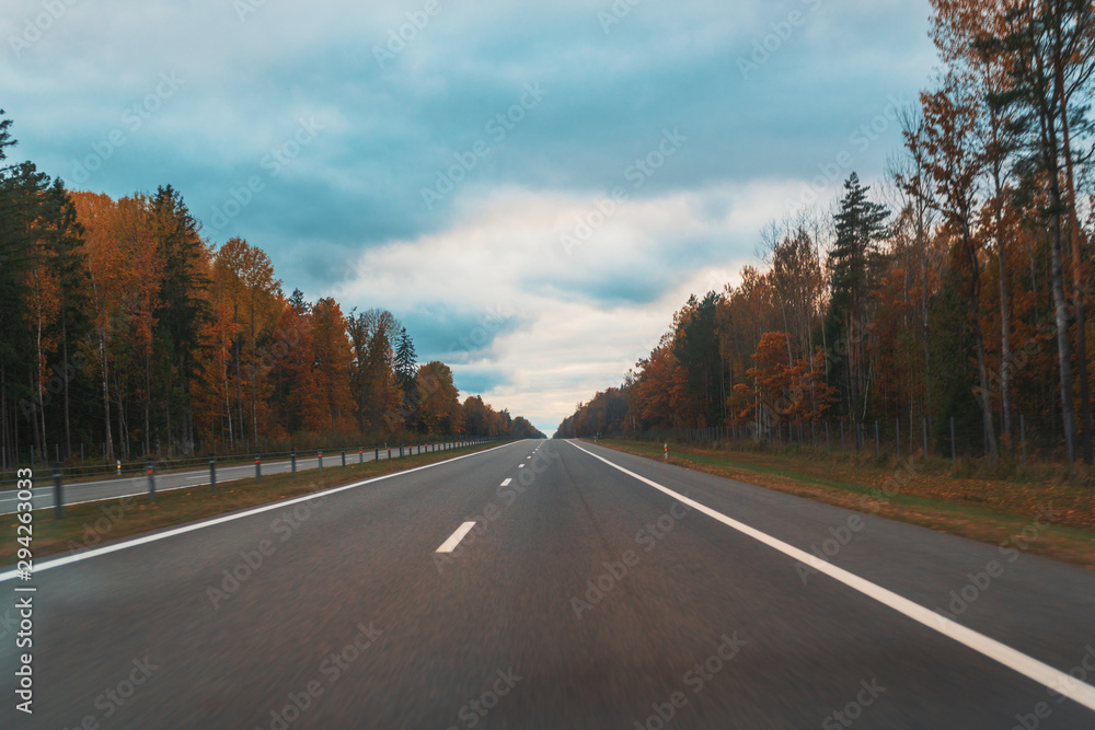 Straigt road at autumn evening in the forest. Low contrast. Cinematic look. transportation concept. Straigt road at autumn evening in the forest. Low contrast. Cinematic look. transportation concept.