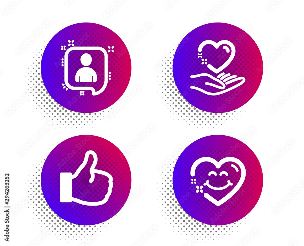 Like, Hold heart and Developers chat icons simple set. Halftone dots button. Smile face sign. Thumbs up, Care love, Manager talk. Love heart. People set. Classic flat like icon. Vector