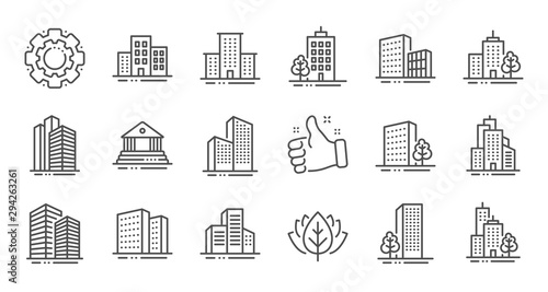 Buildings line icons. Bank, Hotel, Courthouse. City, Real estate, Architecture buildings icons. Hospital, town house, museum. Urban architecture, city skyscraper. Linear set. Quality line set. Vector