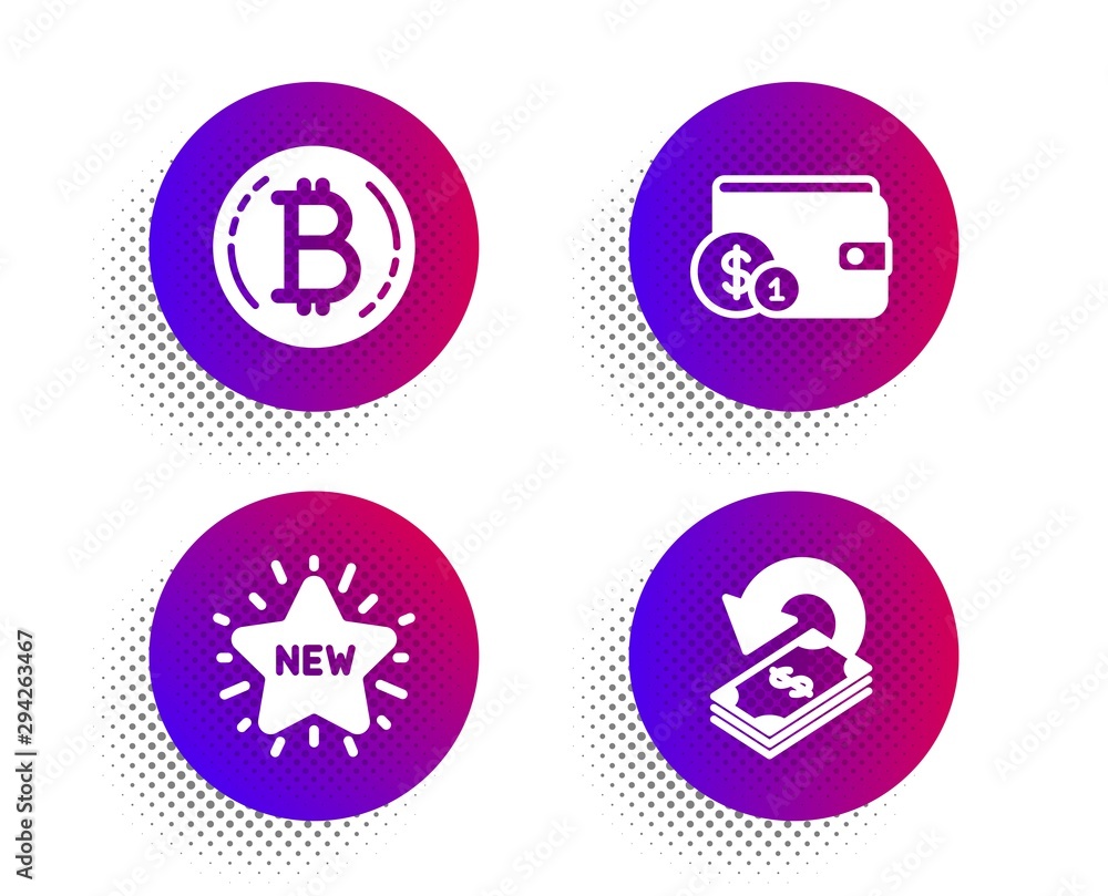 New star, Buying accessory and Bitcoin icons simple set. Halftone dots button. Cashback sign. Shopping, Wallet with coins, Cryptocurrency coin. Financial transfer. Finance set. Vector