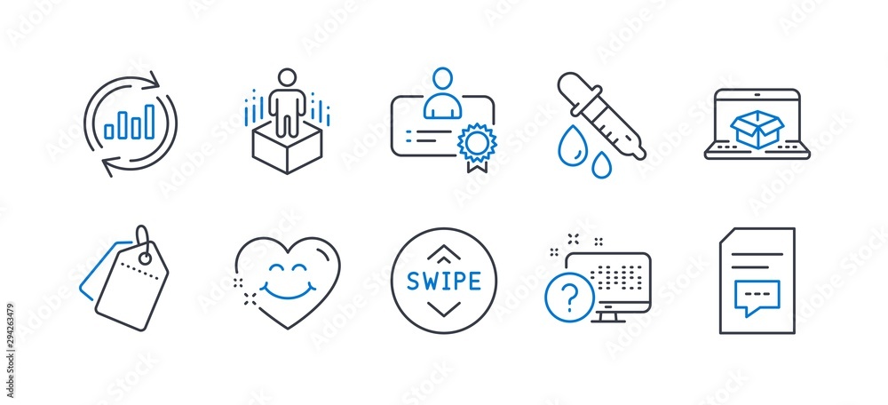 Set of Technology icons, such as Online delivery, Online quiz, Certificate, Sale tags, Update data, Chemistry pipette, Smile face, Swipe up, Augmented reality, Comments line icons. Vector