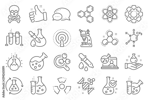 Chemistry lab line icons. Chemical formula  Microscope and Medical analysis. Laboratory test flask  reaction tube  chemistry lab icons. Microscopic research  toxic radiation. Line signs set. Vector