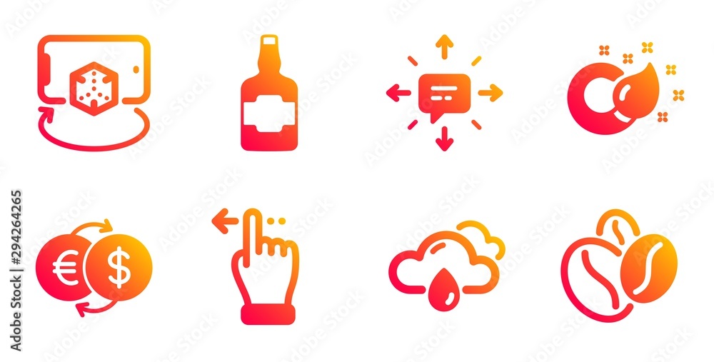 Sms, Touchscreen gesture and Whiskey bottle line icons set. Augmented reality, Paint brush and Rainy weather signs. Money exchange, Coffee beans symbols. Conversation, Slide left. Vector