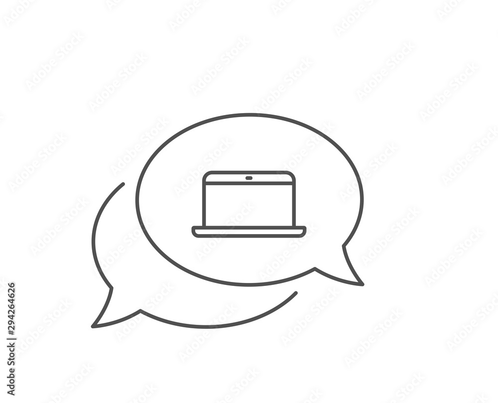 Naklejka premium Laptop computer icon. Chat bubble design. Notebook sign. Portable personal computer symbol. Outline concept. Thin line laptop icon. Vector