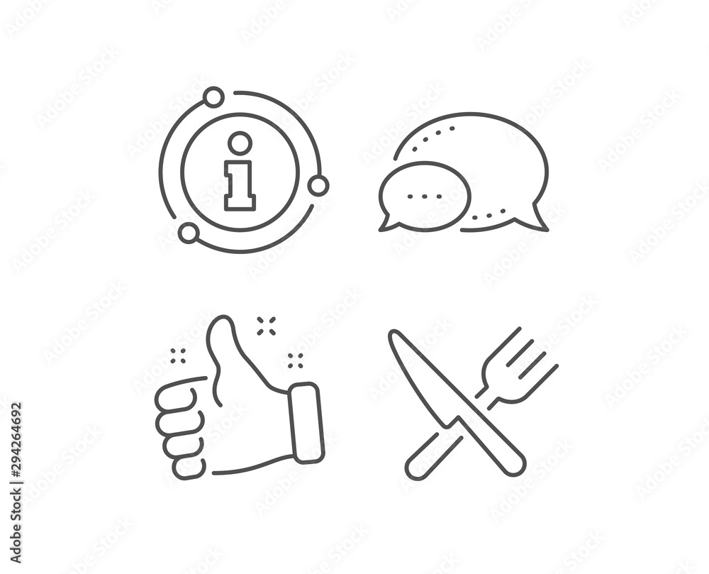 Obraz premium Food line icon. Chat bubble, info sign elements. Cutlery sign. Fork, knife symbol. Linear food outline icon. Information bubble. Vector