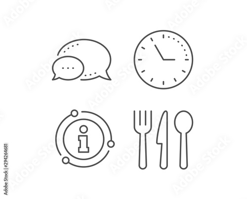 Food line icon. Chat bubble, info sign elements. Cutlery sign. Fork, knife, spoon symbol. Linear food outline icon. Information bubble. Vector