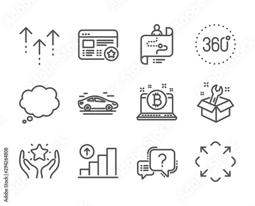 Set of Technology icons, such as Journey path, 360 degrees, Question mark, Maximize, Ranking, Favorite, Swipe up, Car, Graph chart, Comic message, Bitcoin, Spanner line icons. Vector