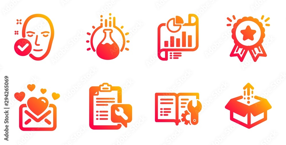 Engineering documentation, Love mail and Report document line icons set. Chemistry experiment, Loyalty award and Health skin signs. Spanner, Send box symbols. Manual, Valentines letter. Vector