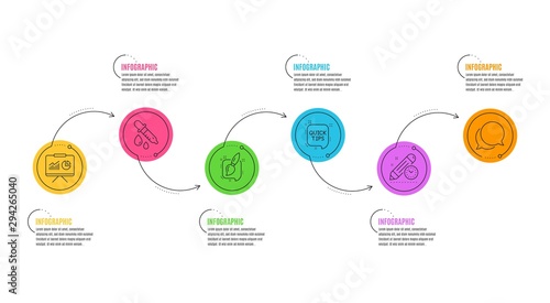 Quick tips, Painting brush and Chat message signs. Infographics timeline. Chemistry pipette, Presentation and Project deadline line icons set. Laboratory, Board with charts, Time management. Vector