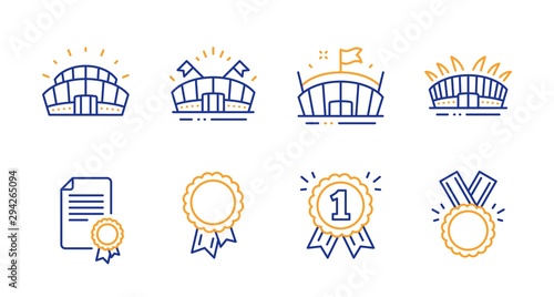 Sports arena, Arena and Success line icons set. Certificate, Sports stadium and Reward signs. Honor symbol. Event stadium, Sport complex. Sports set. Line sports arena icon. Vector