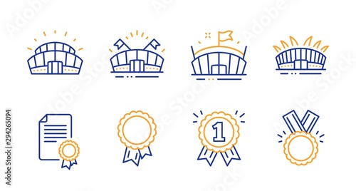 Sports arena, Arena and Success line icons set. Certificate, Sports stadium and Reward signs. Honor symbol. Event stadium, Sport complex. Sports set. Line sports arena icon. Vector