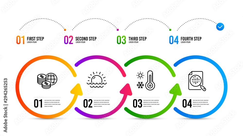 Analytics chart sign. Infographics timeline. Weather thermometer, Sunset and World money line icons set. Temperature, Sunny weather, Global markets. Report analysis. Science set. Vector Analytics chart sign. Infographics timeline. Weather thermometer, Sunset and World money line icons set. Temperature, Sunny weather, Global markets. Report analysis. Science set. Vector