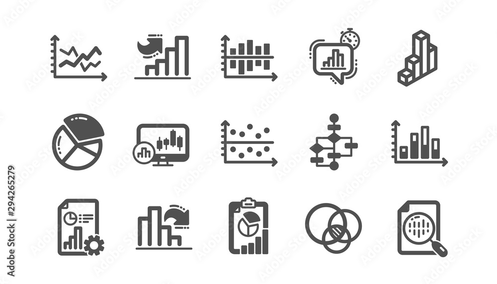 Charts and graphs icons. Infochart, Block diagram and Algorithm. Presentation classic icon set Quality set. Vector