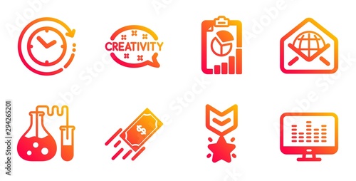 Winner medal, Fast payment and Web mail line icons set. Time change, Report and Creativity signs. Chemistry lab, Music making symbols. Ranking star, Finance transfer. Education set. Vector