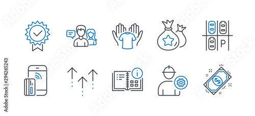 Set of Business icons, such as Parking place, Loyalty points, Contactless payment, People talking, Certificate, Hold t-shirt, Swipe up, Instruction info, Engineer, Payment line icons. Vector