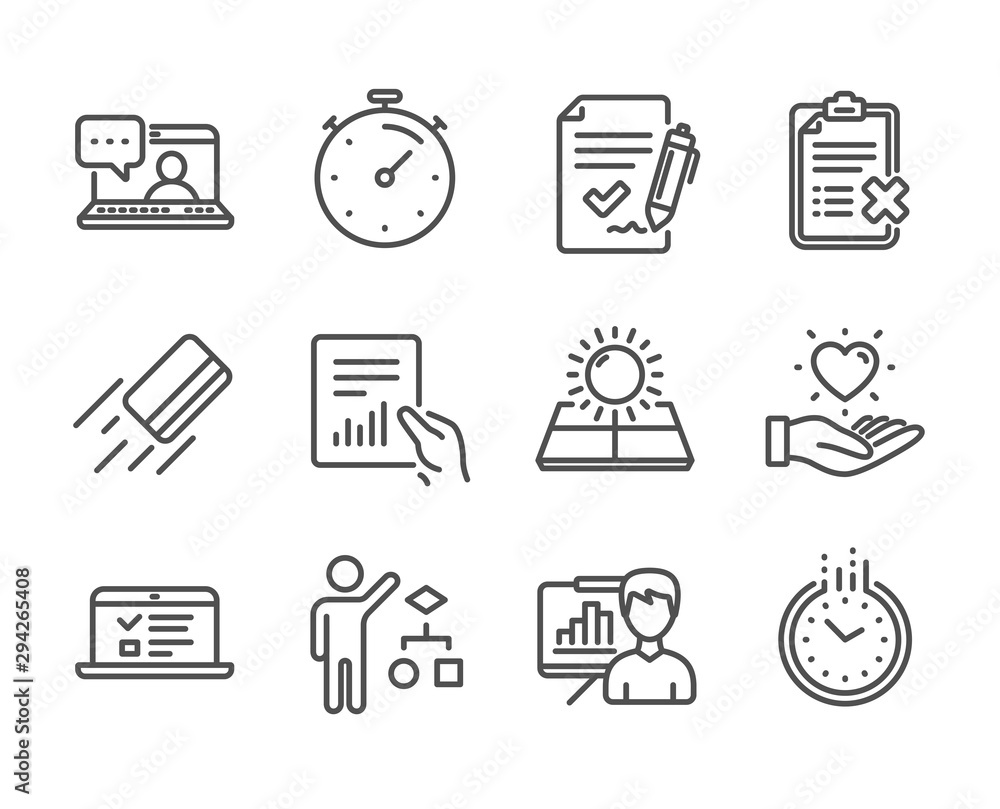 Set of Business icons, such as Reject checklist, Timer, Document, Presentation board, Algorithm, Time, Credit card, Approved agreement, Sun energy, Web lectures, Friends chat, Hold heart. Vector Set of Business icons, such as Reject checklist, Timer, Document, Presentation board, Algorithm, Time, Credit card, Approved agreement, Sun energy, Web lectures, Friends chat, Hold heart. Vector