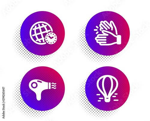 Hair dryer  Clapping hands and Time zone icons simple set. Halftone dots button. Air balloon sign. Hairdryer  Clap  World clock. Flight travel. Business set. Classic flat hair dryer icon. Vector