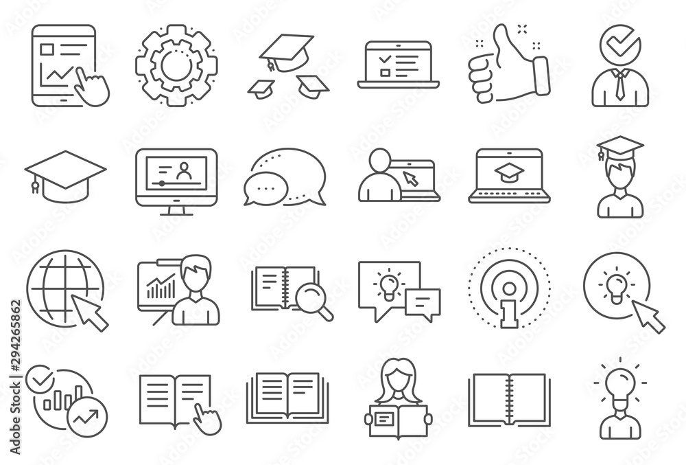 Education line icons. Laptop, Book and Video Tutorial icons. Graduation cap, Instructions and Presentation. College education or Lectures book, Charts and Idea. Laptop, video tutorial. Vector - obrazy, fototapety, plakaty 