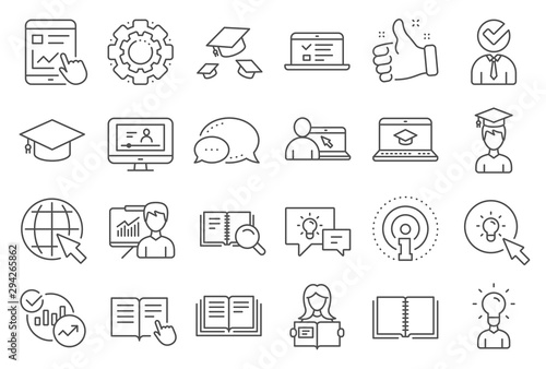 Education line icons. Laptop, Book and Video Tutorial icons. Graduation cap, Instructions and Presentation. College education or Lectures book, Charts and Idea. Laptop, video tutorial. Vector