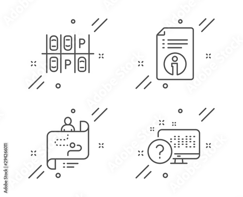 Journey path, Parking place and Technical info line icons set. Online quiz sign. Project process, Transport, Documentation. Web support. Technology set. Line journey path outline icon. Vector