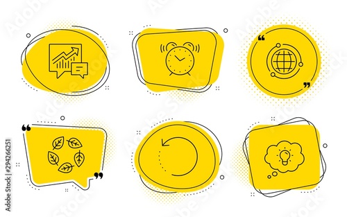 Globe, Alarm clock and Energy signs. Chat bubbles. Organic tested, Recovery data and Accounting line icons set. Bio ingredients, Backup info, Supply and demand. Internet world. Science set. Vector