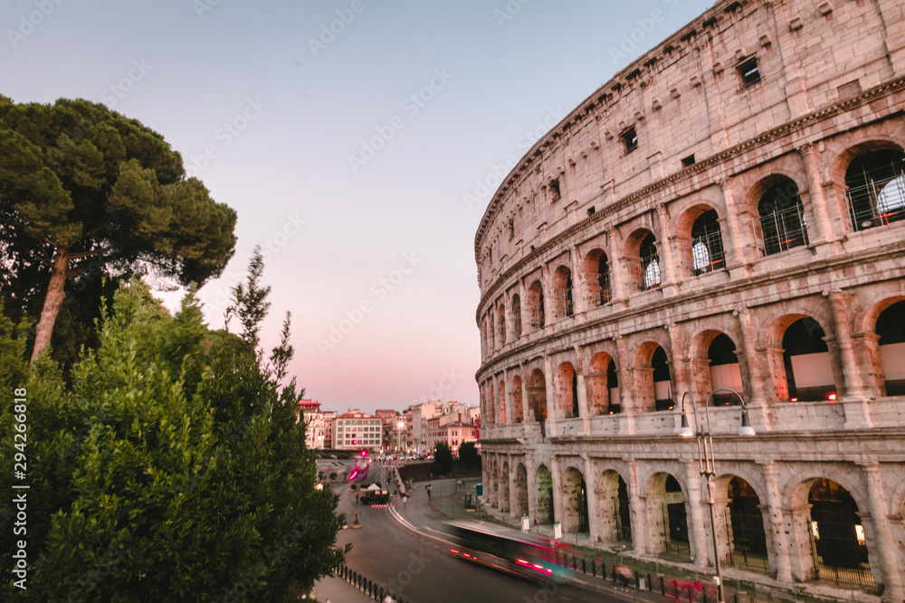 Sunrise view of Colosseum in Rome, Italy. Rome architecture and landmark.
