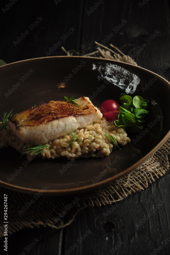 Meat steak with pearl barley . catering menu Meat steak with pearl barley . catering menu