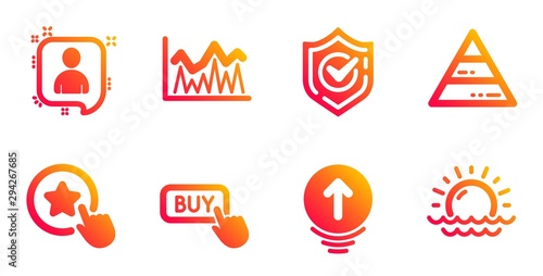 Developers chat, Investment and Buy button line icons set. Swipe up, Pyramid chart and Confirmed signs. Loyalty star, Sunset symbols. Manager talk, Economic statistics. Business set. Vector