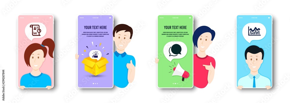 Chat message, Report and Creative idea icons simple set. People on phone screen. Investment sign. Speech bubble, Work statistics, Present box. Economic statistics. Education set. Vector
