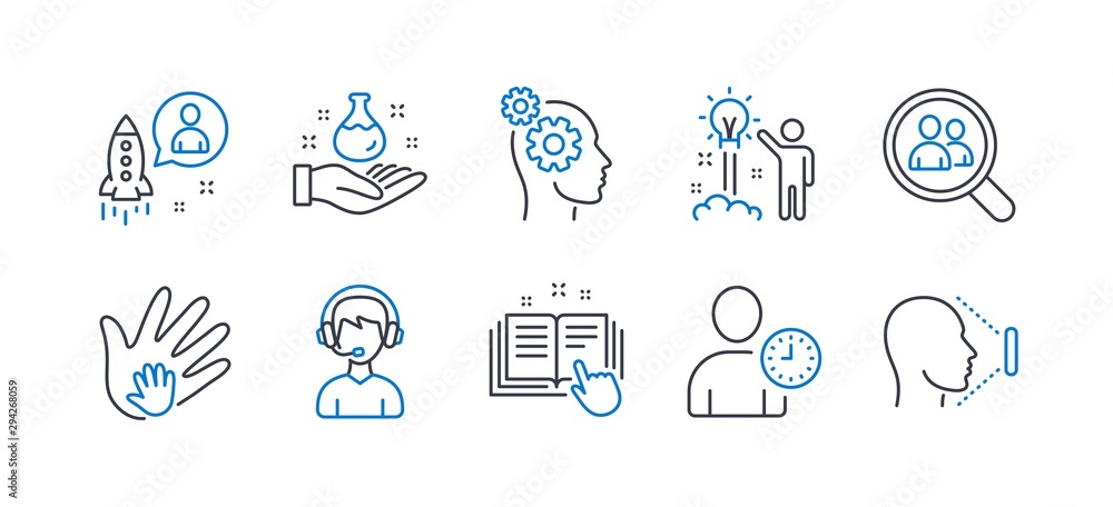 Set of People icons, such as Search employees, Creative idea, Social responsibility, Chemistry lab, Time management, Thoughts, Startup, Technical documentation, Consultant, Face id. Vector Set of People icons, such as Search employees, Creative idea, Social responsibility, Chemistry lab, Time management, Thoughts, Startup, Technical documentation, Consultant, Face id. Vector