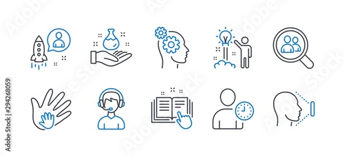 Set of People icons, such as Search employees, Creative idea, Social responsibility, Chemistry lab, Time management, Thoughts, Startup, Technical documentation, Consultant, Face id. Vector