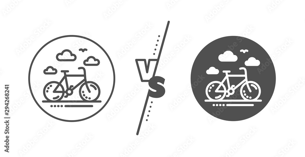Bicycle rent sign. Versus concept. Bike rental line icon. Hotel service symbol. Line vs classic bike rental icon. Vector