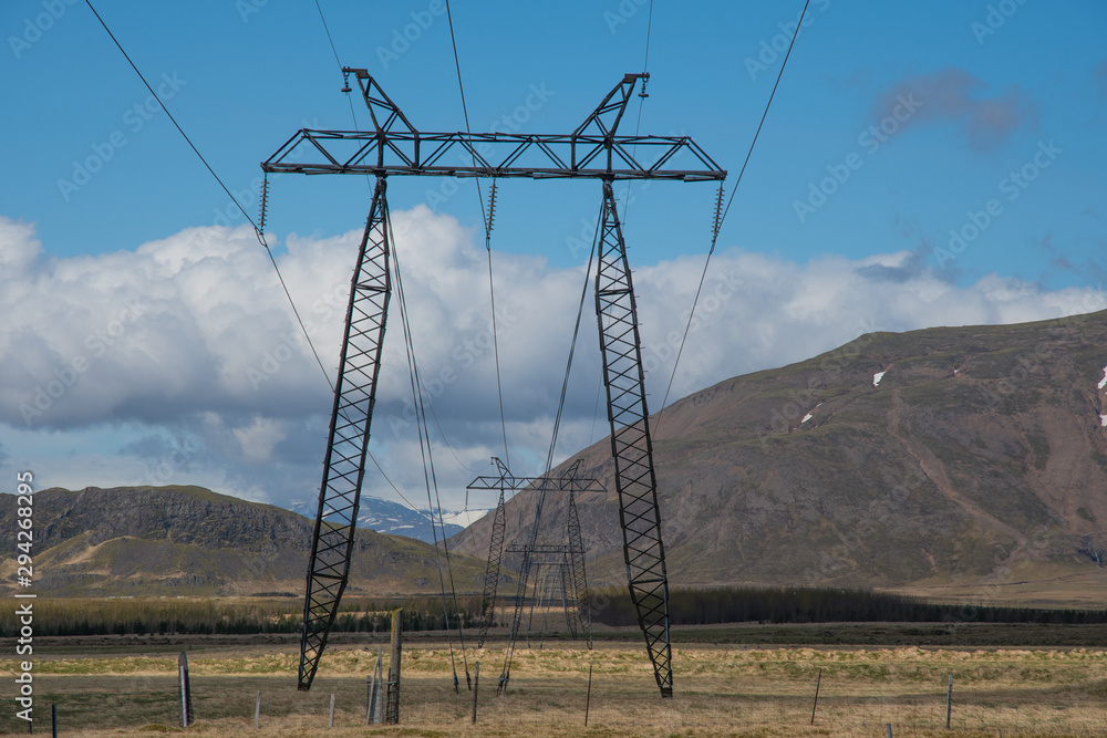 Power lines in Icelandic landscape