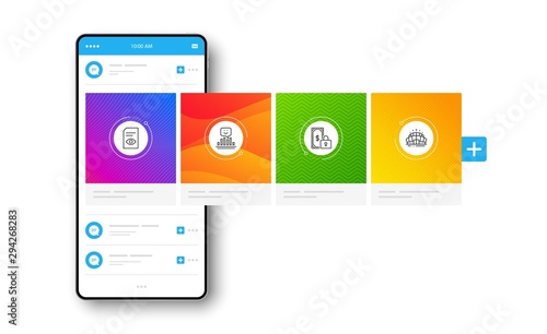 Smile, Private payment and View document line icons set. Interface carousel. Arena stadium sign. Positive feedback, Secure finance, Open file. Sport complex. Business set. Social network post. Vector