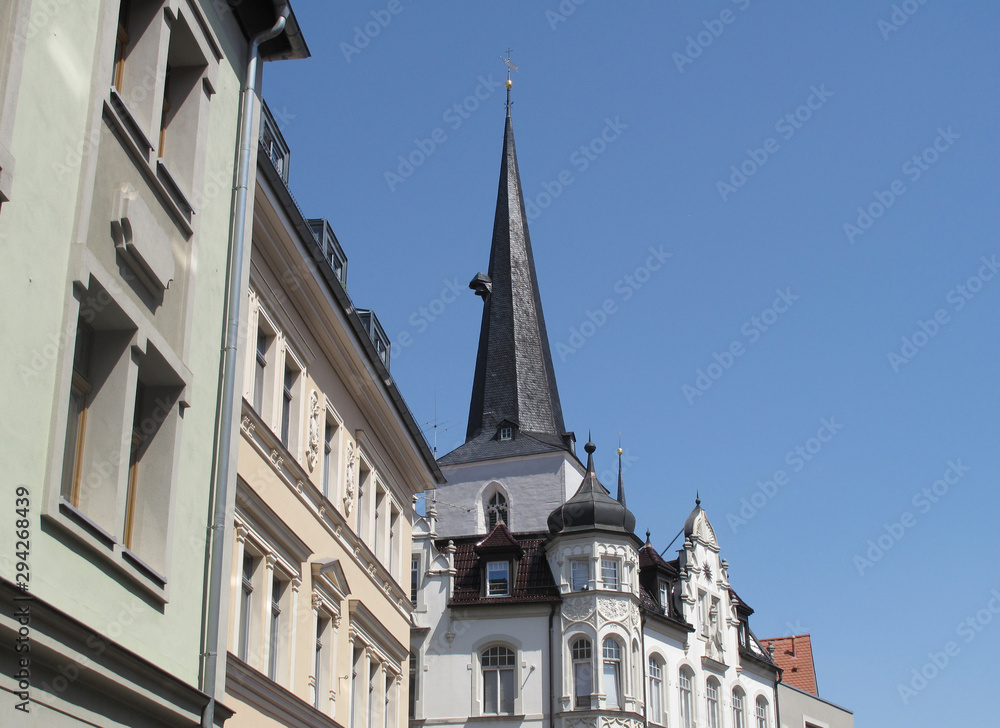 Obraz premium Weimar, Germany, old town architecture with historic buildings and the tower of the church Peter and Paul