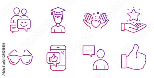 Users chat, Student and Hold heart line icons set. Eyeglasses, Loyalty program and Communication signs. Mobile like, Like symbols. Communication concept, Graduation cap. People set. Vector