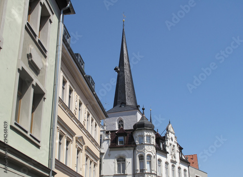 Weimar, Germany, old town architecture with historic buildings and the tower of the church Peter and Paul