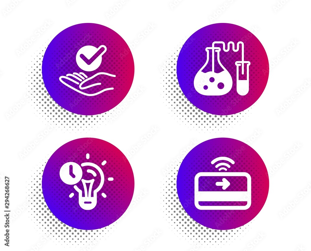 Approved, Chemistry lab and Time management icons simple set. Halftone dots button. Contactless payment sign. Verified symbol, Laboratory, Idea lightbulb. Financial payment. Education set. Vector