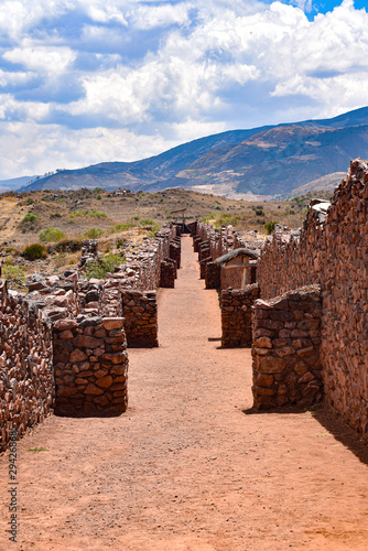 Ancient walls and buildings dating back to the Wari culture, at the Pikillacta archaeological site, just south of Cusco, Peru photo