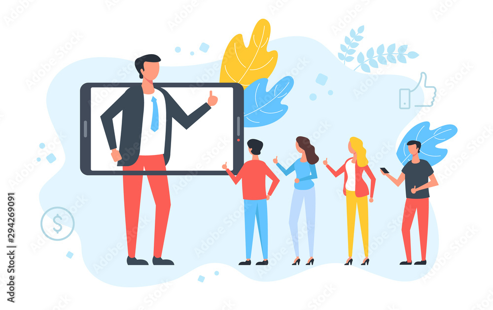 Influencer. Social media marketing, promotion, blogging, advertising, followers concept. Man on mobile phone screen showing like gesture, people with thumbs up. Modern flat design. Vector illustration - obrazy, fototapety, plakaty 