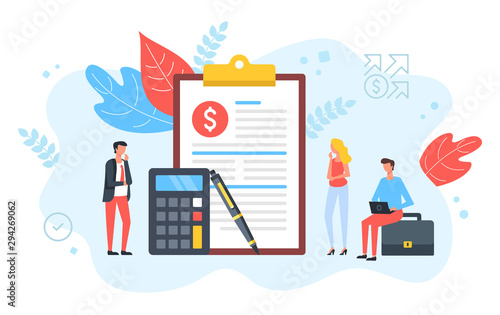 People and clipboard with financial document, calculator and pen. Accounting, business plan, consulting, tax audit, financial management concepts. Modern flat design. Vector illustration