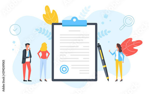 Sign a document. Contract, agreement, signature, application form, business deal concepts. People standing around clipboard with document with stamp and pen. Modern flat design. Vector illustration