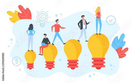 People walking, sitting and standing on light bulbs. Creative idea, brainstorming, teamwork, startup, business solution, thinking process concepts. Modern flat design. Vector illustration