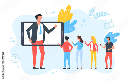 Influencer. Social media marketing, promotion, blogging, advertising, followers concept. Man on mobile phone screen showing like gesture, people with thumbs up. Modern flat design. Vector illustration