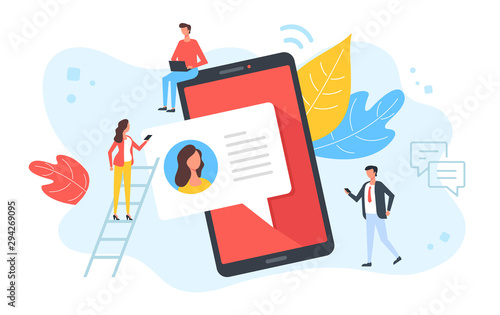 Texting, chatting, online messaging, sms concepts. People and mobile phone with speech bubble message. Modern flat design. Vector illustration