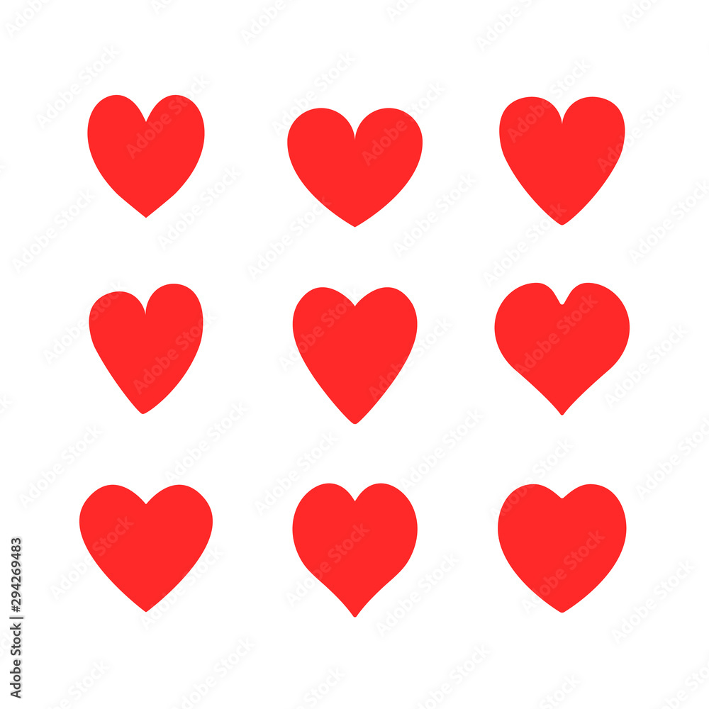 Vector hearts icons set isolated on white background. Red hearts