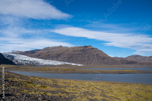 River Holmsa, Glacier Flaajokull and mountain and Flafjall mountain in Iceland