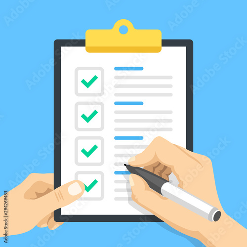 Checklist. Hand holding pen and hand holding clipboard with check list and check marks. Marking checkboxes. Green checkmarks. Flat design. Vector illustration