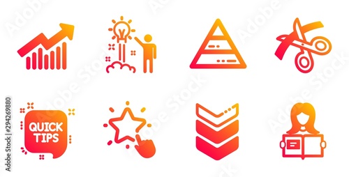 Shoulder strap, Demand curve and Scissors line icons set. Quick tips, Ranking star and Creative idea signs. Pyramid chart, Woman read symbols. Army rank, Statistical report. Education set. Vector