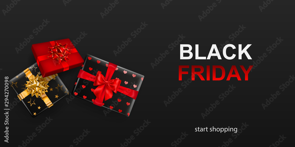 Obraz premium Black Friday sale banner. Gift box with bow and ribbons on dark background. Vector illustration for posters, flyers or cards.